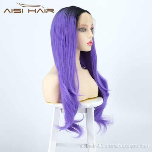 Aisi Hair New Design Party Body Wave Curly Long Wavy Ombre Purple Lace Frontal Synthetic Hair For Black Women Lace Front Wig